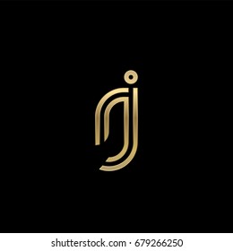 Initial lowercase letter rj, linked outline rounded logo, elegant golden color on black background