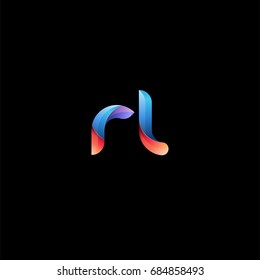 Initial lowercase letter rl, curve rounded logo, gradient vibrant colorful glossy colors on black background