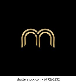 Initial lowercase letter rm, linked outline rounded logo, elegant golden color on black background