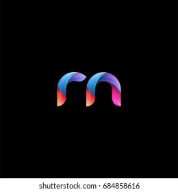Initial lowercase letter rn, curve rounded logo, gradient vibrant colorful glossy colors on black background