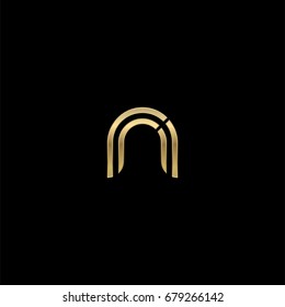 Initial lowercase letter rn, linked outline rounded logo, elegant golden color on black background