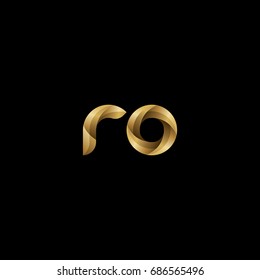 Initial lowercase letter ro, curve rounded logo, gradient glossy gold color on black background