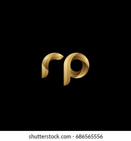 Initial lowercase letter rp, curve rounded logo, gradient glossy gold color on black background