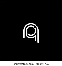 Initial lowercase letter rq, linked outline rounded logo, white color on black background