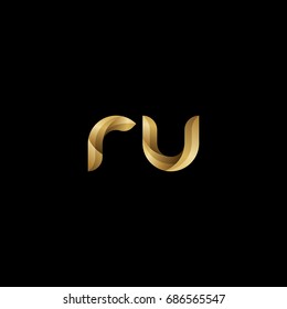 Initial lowercase letter ru, curve rounded logo, gradient glossy gold color on black background