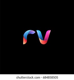 Initial lowercase letter rv, curve rounded logo, gradient vibrant colorful glossy colors on black background