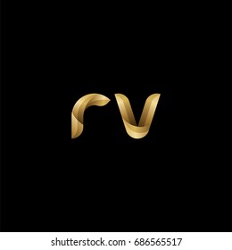 Initial lowercase letter rv, curve rounded logo, gradient glossy gold color on black background