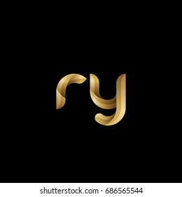 Initial lowercase letter ry, curve rounded logo, gradient glossy gold color on black background