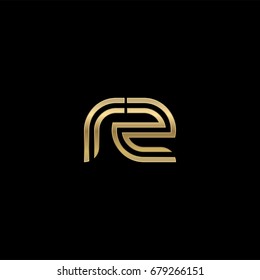 Initial lowercase letter rz, linked outline rounded logo, elegant golden color on black background
