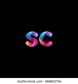 Initial lowercase letter sc, curve rounded logo, gradient vibrant colorful glossy colors on black background