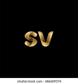 Initial lowercase letter sv, curve rounded logo, gradient glossy gold color on black background