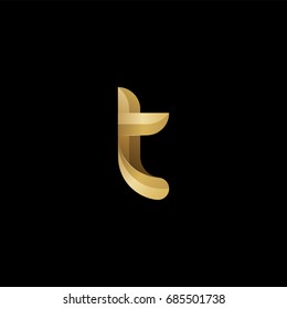 Initial lowercase letter t, curve rounded logo, gradient glossy gold color on black background