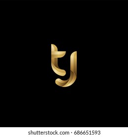 Initial lowercase letter tj, curve rounded logo, gradient glossy gold color on black background