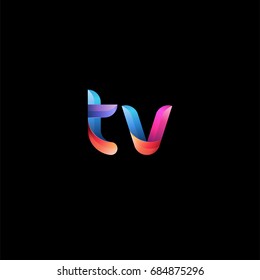 Initial lowercase letter tv, curve rounded logo, gradient vibrant colorful glossy colors on black background