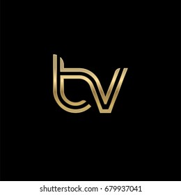 Initial lowercase letter tv, linked outline rounded logo, elegant golden color on black background