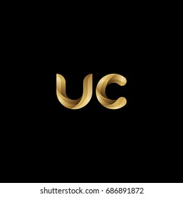 Initial lowercase letter uc, curve rounded logo, gradient glossy gold color on black background