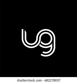 Initial lowercase letter ug, linked outline rounded logo, white color on black background