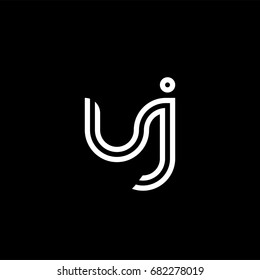 Initial lowercase letter uj, linked outline rounded logo, white color on black background