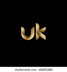 Initial lowercase letter uk, curve rounded logo, gradient glossy gold color on black background