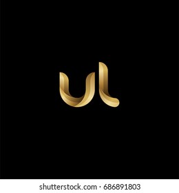 Initial lowercase letter ul, curve rounded logo, gradient glossy gold color on black background