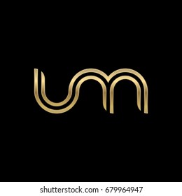 Initial lowercase letter um, linked outline rounded logo, elegant golden color on black background