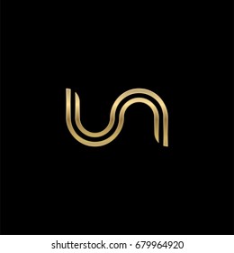 Initial lowercase letter un, linked outline rounded logo, elegant golden color on black background