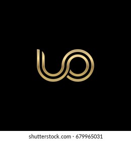Initial lowercase letter uo, linked outline rounded logo, elegant golden color on black background