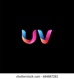 Initial lowercase letter uv, curve rounded logo, gradient vibrant colorful glossy colors on black background