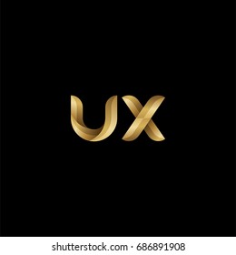 Initial lowercase letter ux, curve rounded logo, gradient glossy gold color on black background
