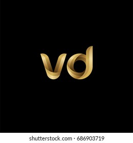 Initial lowercase letter vd, curve rounded logo, gradient glossy gold color on black background