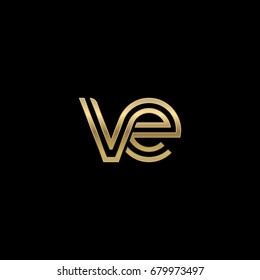 Initial lowercase letter ve, linked outline rounded logo, elegant golden color on black background