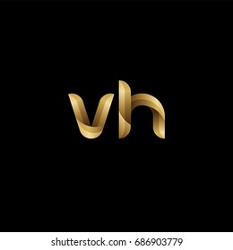 Initial lowercase letter vh, curve rounded logo, gradient glossy gold color on black background
