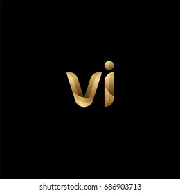 Initial lowercase letter vi, curve rounded logo, gradient glossy gold color on black background