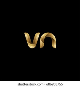 Initial lowercase letter vn, curve rounded logo, gradient glossy gold color on black background