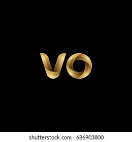 Initial lowercase letter vo, curve rounded logo, gradient glossy gold color on black background