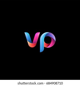 Initial lowercase letter vp, curve rounded logo, gradient vibrant colorful glossy colors on black background