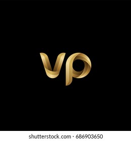 Initial lowercase letter vp, curve rounded logo, gradient glossy gold color on black background
