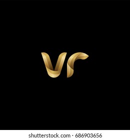 Initial lowercase letter vr, curve rounded logo, gradient glossy gold color on black background
