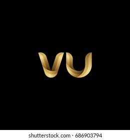 Initial lowercase letter vu, curve rounded logo, gradient glossy gold color on black background