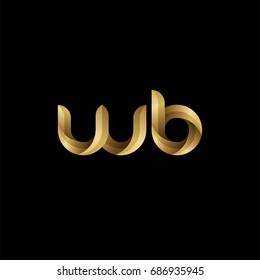 Initial lowercase letter wb, curve rounded logo, gradient glossy gold color on black background