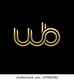 Initial lowercase letter wb, linked outline rounded logo, elegant golden color on black background