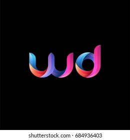 Initial lowercase letter wd, curve rounded logo, gradient vibrant colorful glossy colors on black background