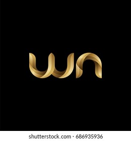 Initial lowercase letter wn, curve rounded logo, gradient glossy gold color on black background
