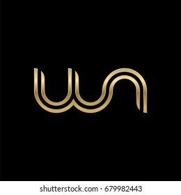 Initial lowercase letter wn, linked outline rounded logo, elegant golden color on black background