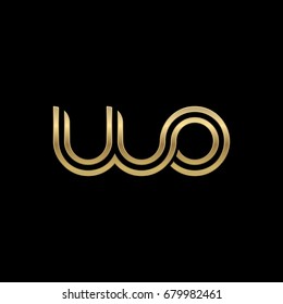 Initial lowercase letter wo, linked outline rounded logo, elegant golden color on black background