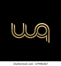 Initial lowercase letter wq, linked outline rounded logo, elegant golden color on black background