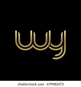 Initial lowercase letter wy, linked outline rounded logo, elegant golden color on black background