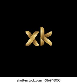Initial lowercase letter xk, curve rounded logo, gradient glossy gold color on black background