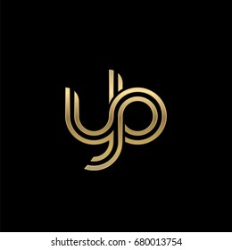 Initial lowercase letter yb, linked outline rounded logo, elegant golden color on black background