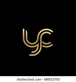 Initial lowercase letter yc, linked outline rounded logo, elegant golden color on black background